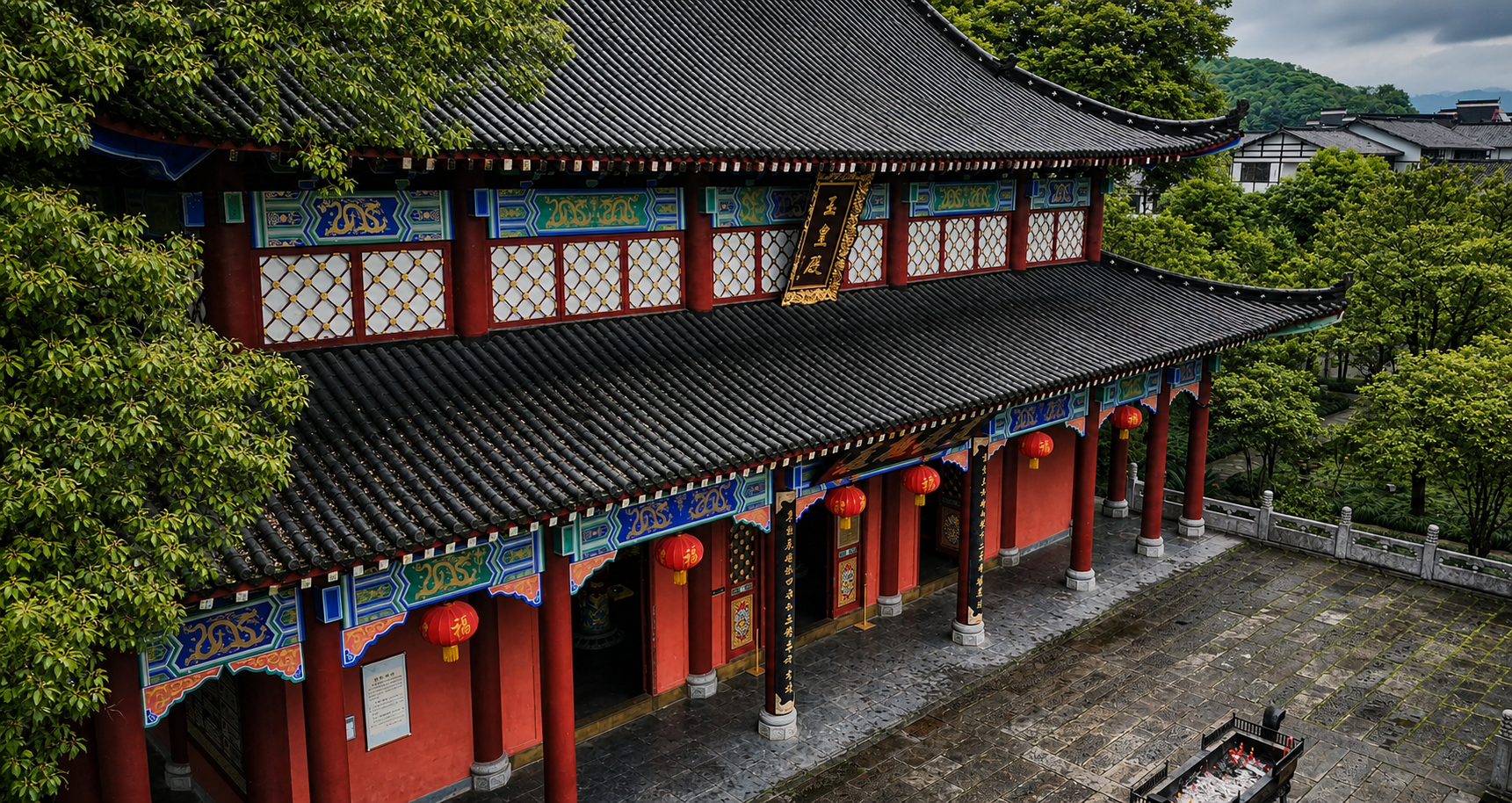 Longhu Mountain cultural landscape with path and mountain mist